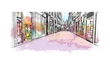 Print Building view with landmark of Granada Güney İspanya 'da bir şehirdir. Vektörde elle çizilmiş resim ile suluboya sıçraması.