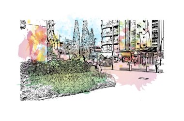 Print Building view with landmark of Granada Güney İspanya 'da bir şehirdir. Vektörde elle çizilmiş resim ile suluboya sıçraması.