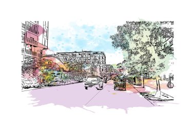 Print Building view with landmark of Granada Güney İspanya 'da bir şehirdir. Vektörde elle çizilmiş resim ile suluboya sıçraması.