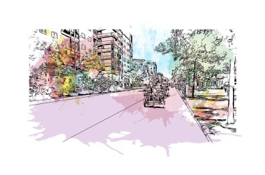 Print Building view with landmark of Granada Güney İspanya 'da bir şehirdir. Vektörde elle çizilmiş resim ile suluboya sıçraması.