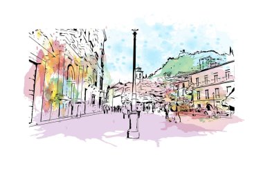 Print Building view with landmark of Granada Güney İspanya 'da bir şehirdir. Vektörde elle çizilmiş resim ile suluboya sıçraması.