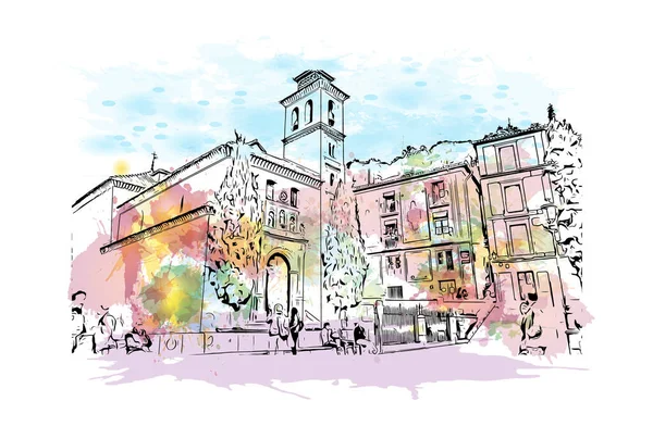 Print Building View Landmark Granada Stad Södra Spanien Akvarell Stänk — Stock vektor