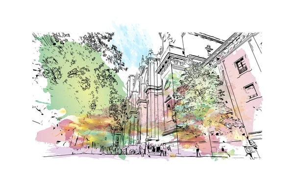 Print Building View Landmark Granada City Southern Spain Watercolor Splash — Stock Vector