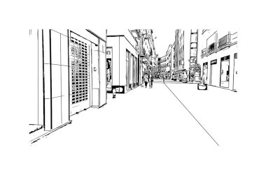 Print Building view with landmark of Granada Güney İspanya 'da bir şehirdir. Vektörde elle çizilmiş çizim çizimi.