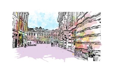 Hollanda 'nın başkenti Haarlem' in simgesi olan Print Building View 'dir. Vektörde elle çizilmiş resim ile suluboya sıçraması.