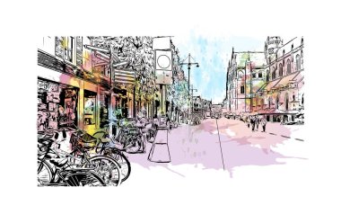 Hollanda 'nın başkenti Haarlem' in simgesi olan Print Building View 'dir. Vektörde elle çizilmiş resim ile suluboya sıçraması.