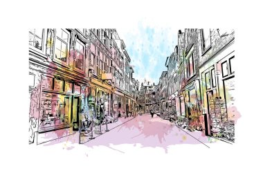 Hollanda 'nın başkenti Haarlem' in simgesi olan Print Building View 'dir. Vektörde elle çizilmiş resim ile suluboya sıçraması.
