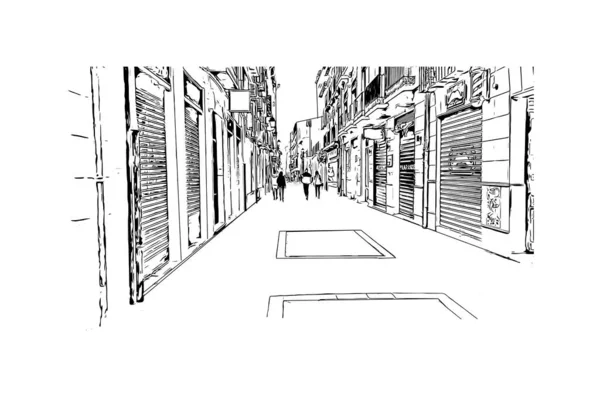Print Building View Landmark Granada City Southern Spain Hand Drawn — Archivo Imágenes Vectoriales