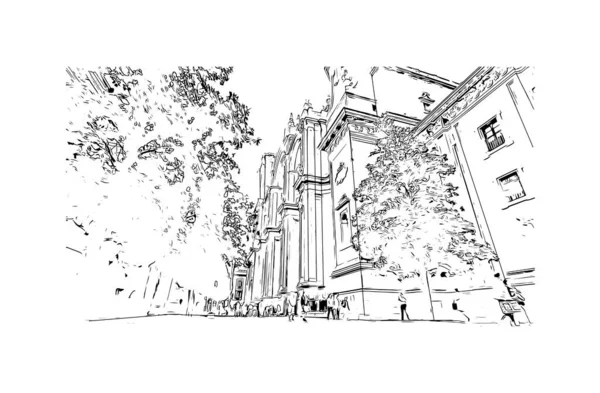 Print Building View Landmark Granada City Southern Spain Hand Drawn — Archivo Imágenes Vectoriales