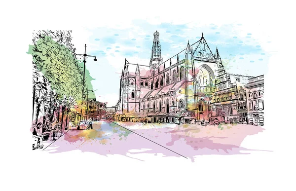 Print Building View Landmark Haarlem Staden Nederländerna Akvarell Stänk Med — Stock vektor