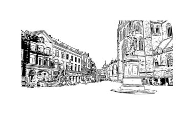 Hollanda 'nın başkenti Haarlem' in simgesi olan Print Building View 'dir. Vektörde elle çizilmiş çizim çizimi.