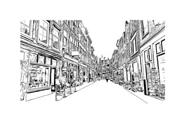 Hollanda 'nın başkenti Haarlem' in simgesi olan Print Building View 'dir. Vektörde elle çizilmiş çizim çizimi.