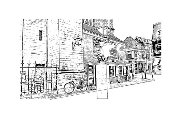 Print Building View Landmark Haarlem Staden Nederländerna Handritad Skiss Illustration — Stock vektor