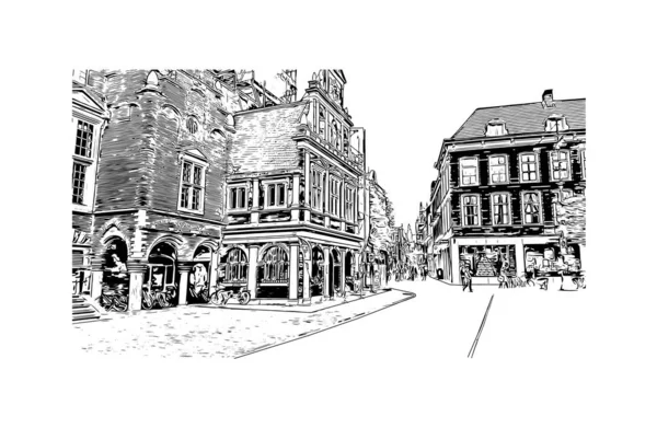 Hollanda 'nın başkenti Haarlem' in simgesi olan Print Building View 'dir. Vektörde elle çizilmiş çizim çizimi.