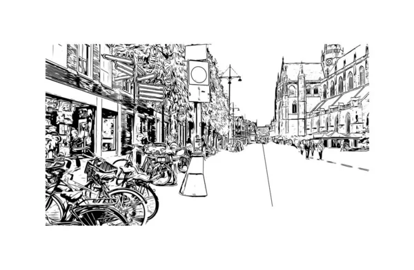 具有哈莱姆地标的印刷建筑景观是荷兰的一个城市 矢量手绘草图 — 图库矢量图片