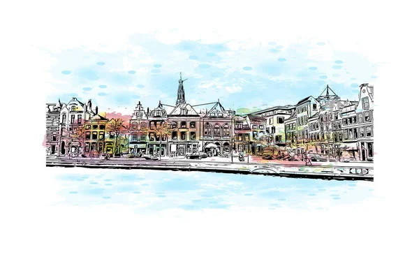 Print Building Vista Com Referência Haarlem Cidade Holanda Esguicho Aquarela —  Vetores de Stock