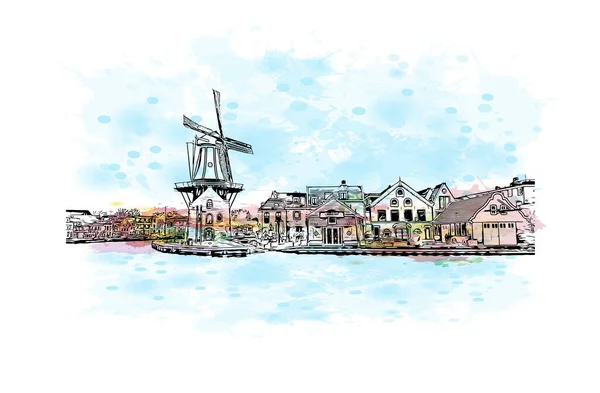 Print Gebouwenzicht Met Herkenningspunt Haarlem Stad Nederland Aquarel Plons Met — Stockvector