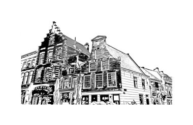 Hollanda 'nın başkenti Haarlem' in simgesi olan Print Building View 'dir. Vektörde elle çizilmiş çizim çizimi.