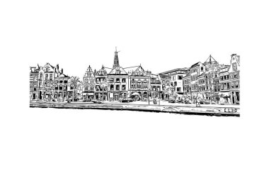 Hollanda 'nın başkenti Haarlem' in simgesi olan Print Building View 'dir. Vektörde elle çizilmiş çizim çizimi.