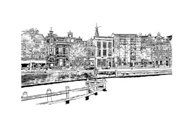 Hollanda 'nın başkenti Haarlem' in simgesi olan Print Building View 'dir. Vektörde elle çizilmiş çizim çizimi.