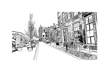 Hollanda 'nın başkenti Haarlem' in simgesi olan Print Building View 'dir. Vektörde elle çizilmiş çizim çizimi.