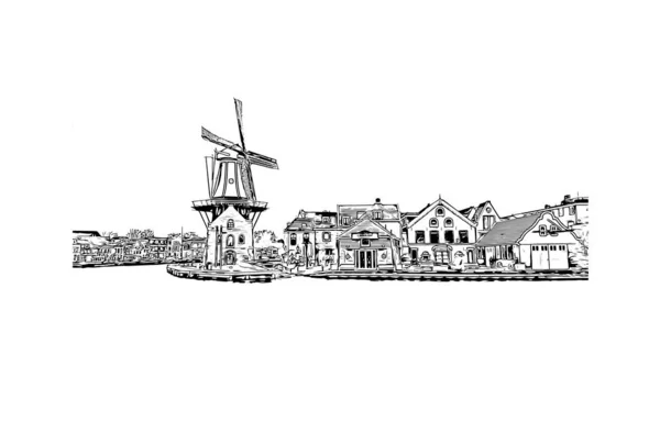 Вид Print Building Орієнтиром Гарлема Місто Нідерландах Намальована Вручну Ілюстрація — стоковий вектор