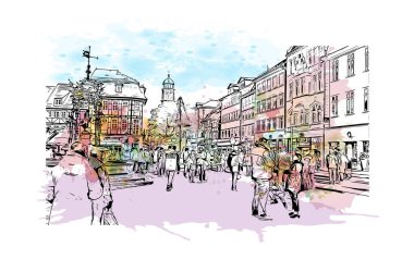 Print Building view with landmark of Gottingen is the city in Germany. Vektörde elle çizilmiş resim ile suluboya sıçraması.