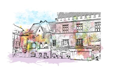 Print Building view with landmark of Gottingen is the city in Germany. Vektörde elle çizilmiş resim ile suluboya sıçraması.