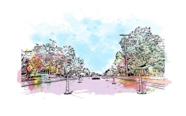 Jackson 'ın simgesi olan Print Building View, Mississippi' nin başkentidir. Vektörde elle çizilmiş resim ile suluboya sıçraması.