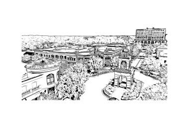 Jackson 'ın simgesi olan Print Building View, Mississippi' nin başkentidir. Vektörde elle çizilmiş çizim çizimi.