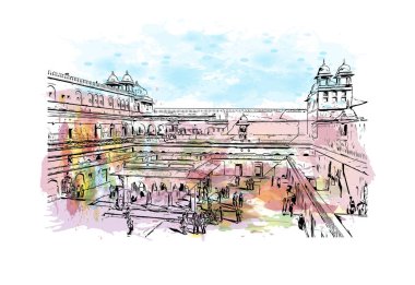 Jaipur 'un simgesi olan Print Building View Rajasthan şehridir. Vektörde elle çizilmiş resim ile suluboya sıçraması.