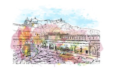 Jaipur 'un simgesi olan Print Building View Rajasthan şehridir. Vektörde elle çizilmiş resim ile suluboya sıçraması.