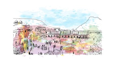 Jaipur 'un simgesi olan Print Building View Rajasthan şehridir. Vektörde elle çizilmiş resim ile suluboya sıçraması.
