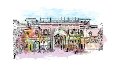 Jaipur 'un simgesi olan Print Building View Rajasthan şehridir. Vektörde elle çizilmiş resim ile suluboya sıçraması.