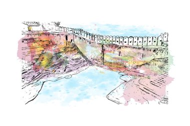 Jaipur 'un simgesi olan Print Building View Rajasthan şehridir. Vektörde elle çizilmiş resim ile suluboya sıçraması.