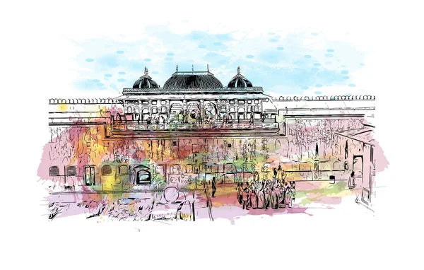 Jaipur 'un simgesi olan Print Building View Rajasthan şehridir. Vektörde elle çizilmiş resim ile suluboya sıçraması.