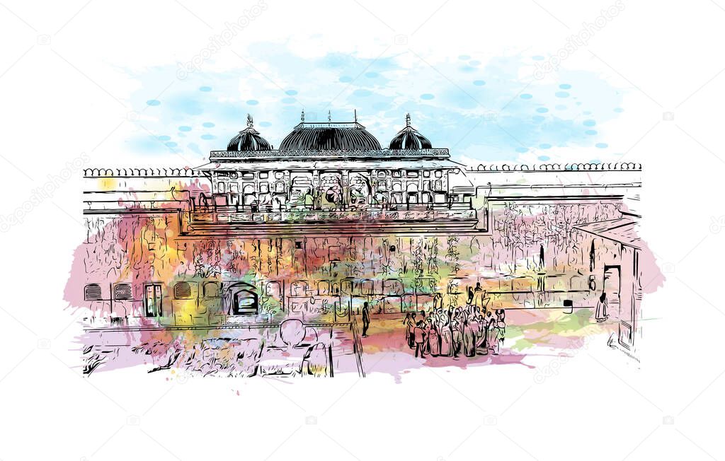 Print Building view with landmark of Jaipur is the city in Rajasthan. Watercolor splash with hand drawn sketch illustration in vector.