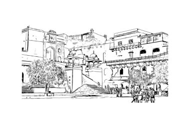 Jaipur 'un simgesi olan Print Building View Rajasthan şehridir. Vektörde elle çizilmiş çizim çizimi.
