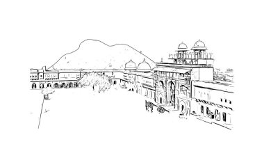 Jaipur 'un simgesi olan Print Building View Rajasthan şehridir. Vektörde elle çizilmiş çizim çizimi.
