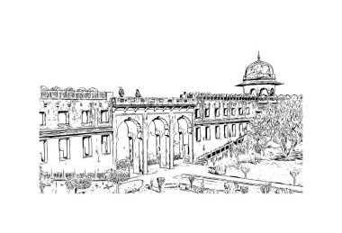 Jaipur 'un simgesi olan Print Building View Rajasthan şehridir. Vektörde elle çizilmiş çizim çizimi.
