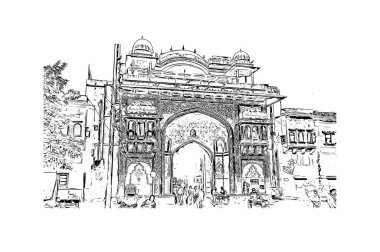 Jaipur 'un simgesi olan Print Building View Rajasthan şehridir. Vektörde elle çizilmiş çizim çizimi.