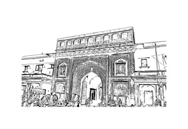 Jaipur 'un simgesi olan Print Building View Rajasthan şehridir. Vektörde elle çizilmiş çizim çizimi.