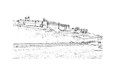 Jaipur 'un simgesi olan Print Building View Rajasthan şehridir. Vektörde elle çizilmiş çizim çizimi.