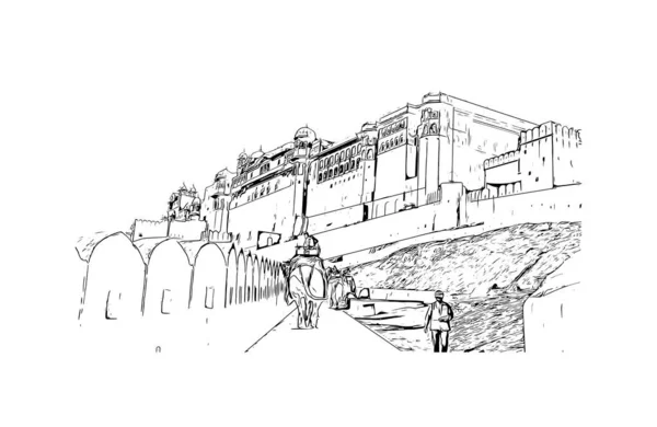 Print Building Vista Com Marco Jaipur Cidade Rajasthan Desenho Desenhado — Vetor de Stock