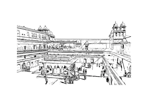 Imprimer Vue Sur Bâtiment Avec Point Repère Jaipur Est Ville — Image vectorielle