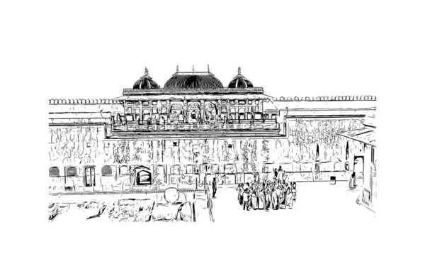 Print Building View Landmark Jaipur Staden Rajasthan Handritad Skiss Illustration — Stock vektor