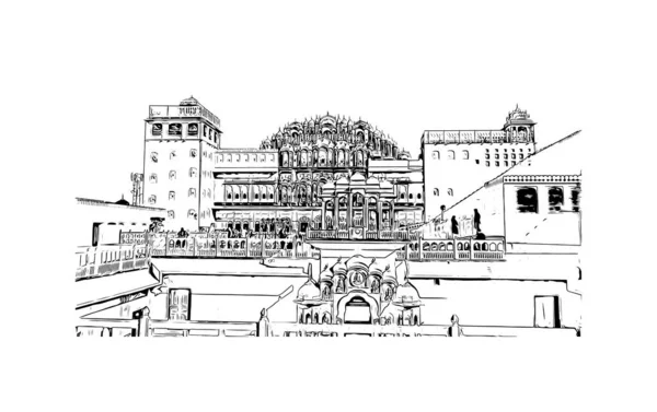 印刷ジャイプールのランドマークとビルの景色はラジャスタン州の都市です 手描きのスケッチ図ベクトル — ストックベクタ