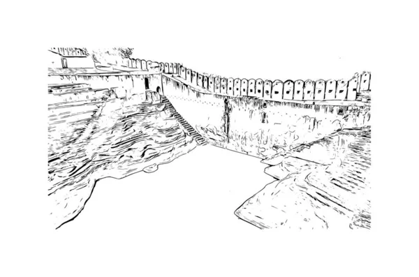 在拉贾斯坦邦 带有斋浦尔地标的印刷建筑景观是一座城市 矢量手绘草图 — 图库矢量图片
