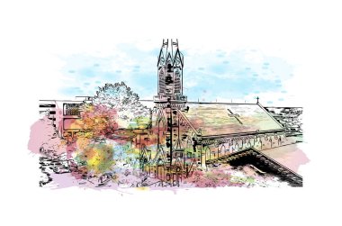 Jefferson 'ın simgesi olan Print Building Manzarası Missouri' deki şehir. Vektörde elle çizilmiş resim ile suluboya sıçraması.