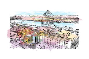 Jefferson 'ın simgesi olan Print Building Manzarası Missouri' deki şehir. Vektörde elle çizilmiş resim ile suluboya sıçraması.